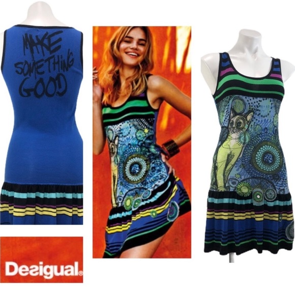 DESIGUAL Rare Neko Cat Drop Waist Knit Tank Dress Multicolor Sz S